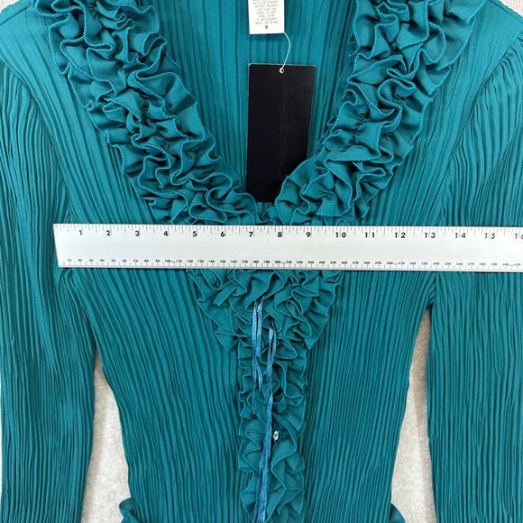 Susan Lucci Blouse Top Womens Medium Teal Green 100% Polyester Pleated Ruffled - Picture 13 of 15